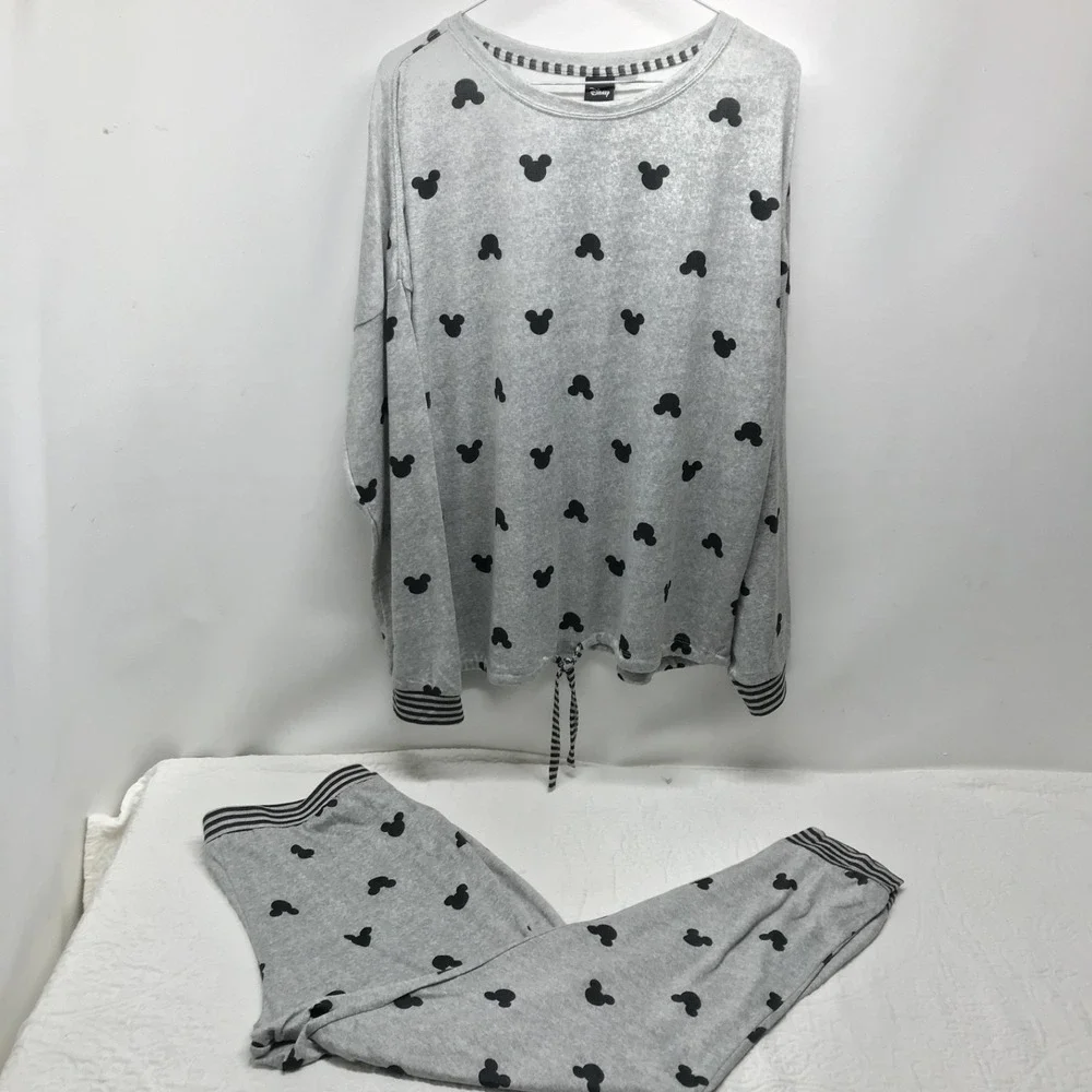 Disney Mickey Mouse Ears Pajama Shirt Pant 2pc Set Heather Gray Sz XL Loungewear - Picture 2 of 11